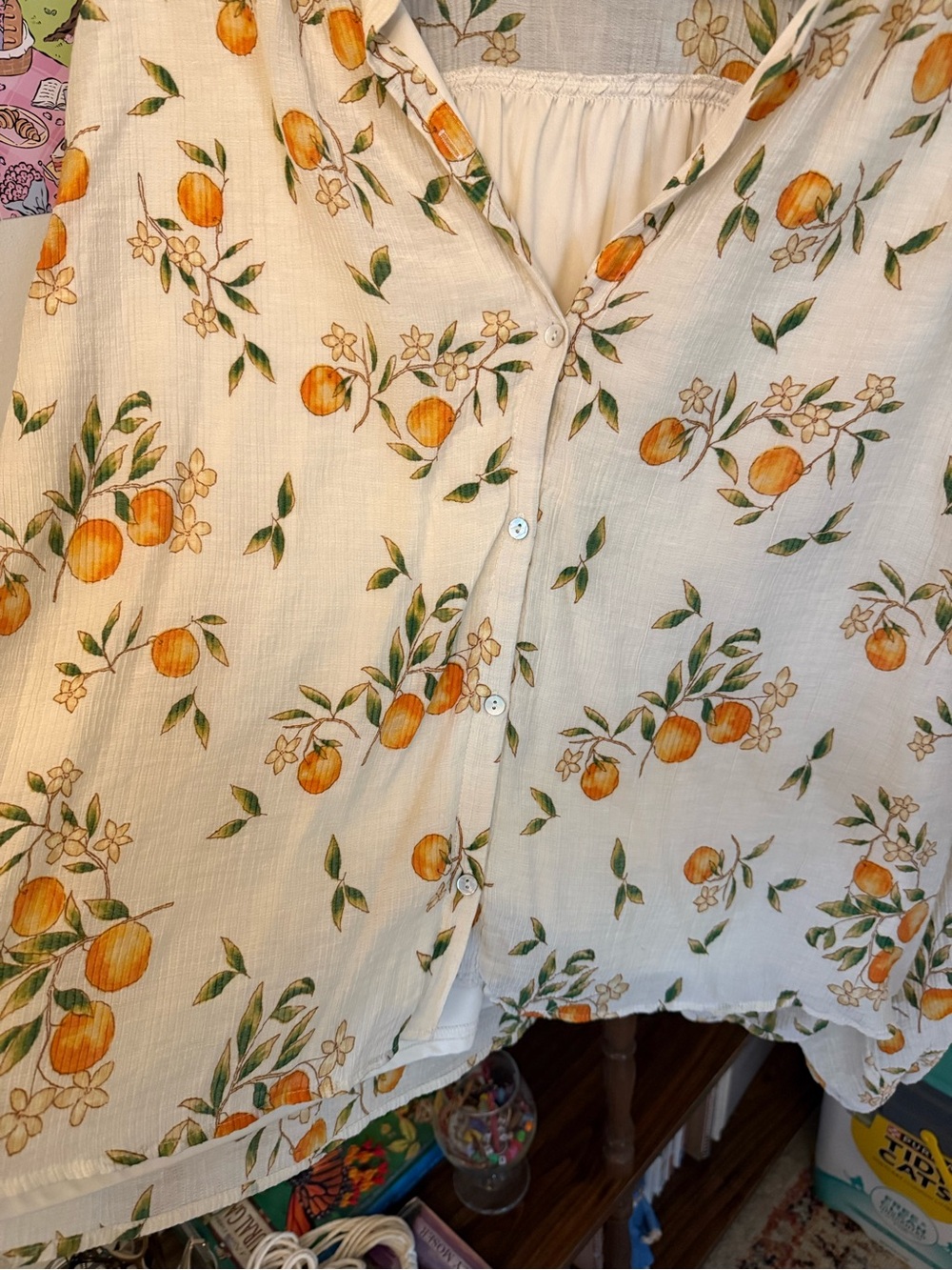 DR2 Cream Button-Front Blouse with Orange Floral Print